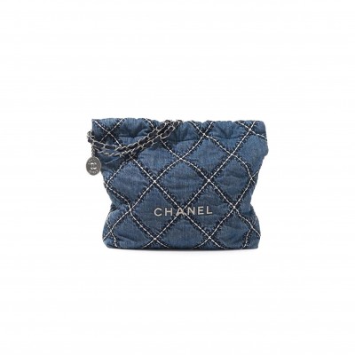 CHANEL DENIM QUILTED STITCHED SMALL CHANEL 22 BLUE AS3260 (37*35*7cm)